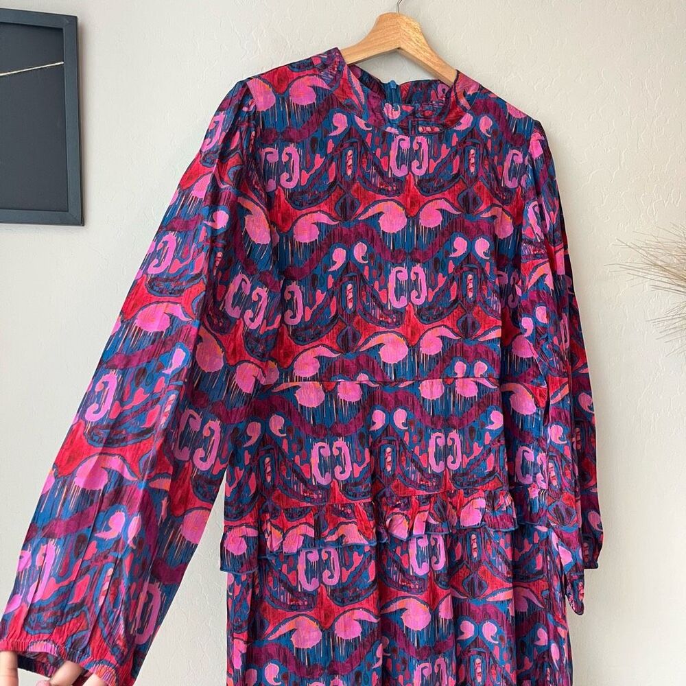 Oliphant Kazak Mock Neck Multicolor Print Tiered Long Sleeve Maxi Dress Size M - Picture 4 of 11